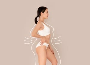 Side view of fit young woman in white underwear with contour lines highlighting body curves, representing post-pregnancy body goals and mommy makeover results
