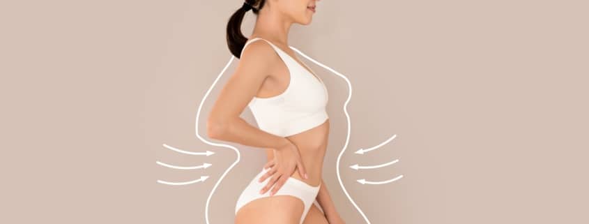 Side view of fit young woman in white underwear with contour lines highlighting body curves, representing post-pregnancy body goals and mommy makeover results